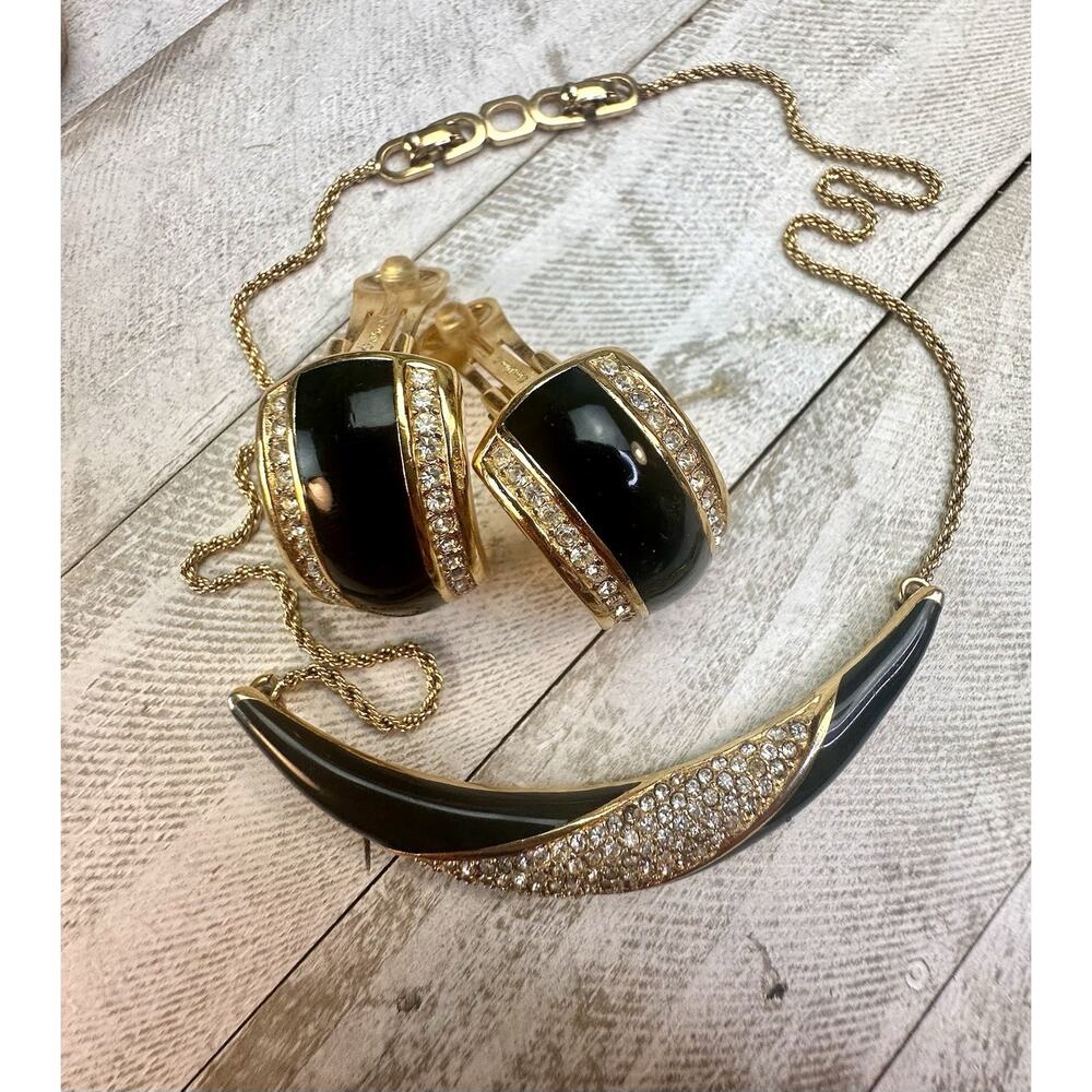 Christian Dior Vtg 1980s Black Enamel Pave Rhinestone Necklace Clip Earrings Set - Picture 6 of 13